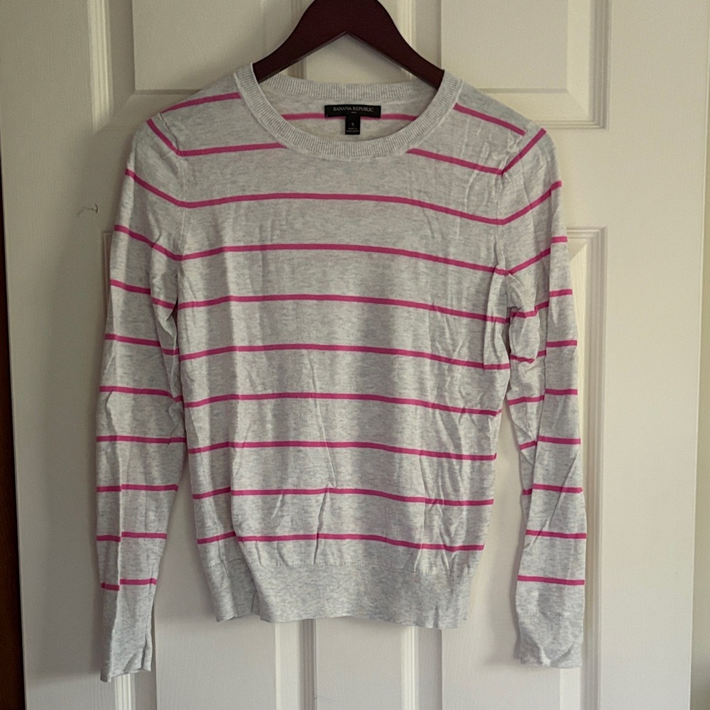 Banana Republic Factory Light Gray and Pink Striped Sweater